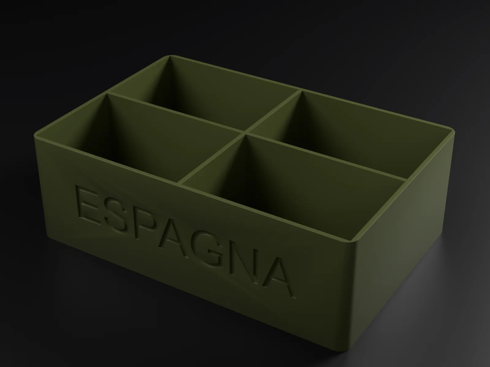 Organizador de cuatro compartimentos con el nombre del equipo grabado, render 3D generado por el laboratorio