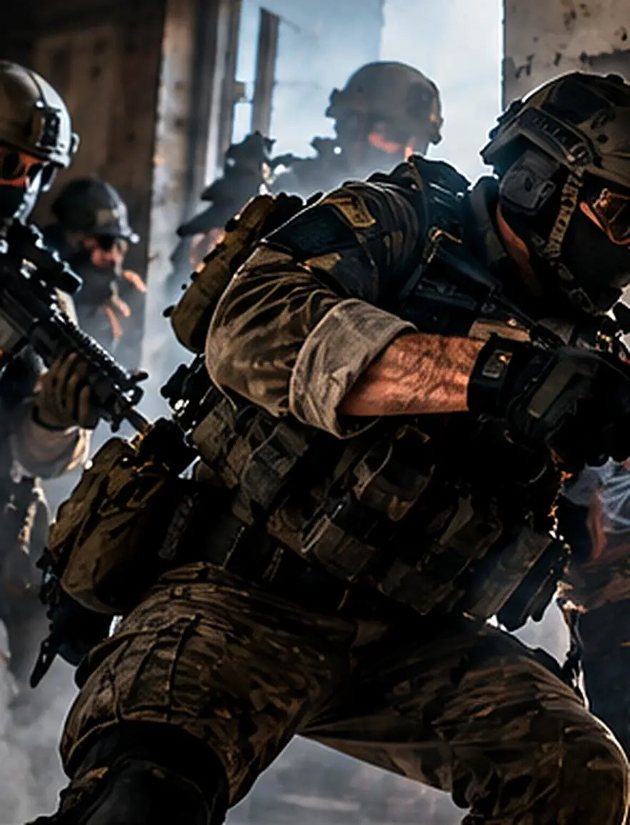 Escena promocional de jugadores de airsoft equipados con casco y gafas de protección